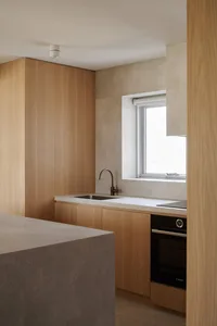 Modern kitchen with wooden cabinets and marble countertops.