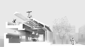 Modern interior design featuring open-plan living, metal beams, glass walls, and concrete finishes.