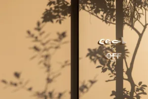 A wall with a shadow of a tree and the text 'Ceol OFF SPACE' in minimalist design style.