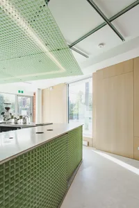Modern kitchen with green walls, two sinks, and a refrigerator, featuring clean lines and minimalistic elements