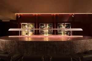 A bar area with a counter displaying wine bottles and multiple chairs for a relaxed social setting