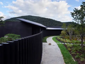 A modern house with a black exterior, surrounded by trees, featuring a large window that lets in natural light and a grassy environment