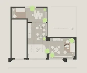 A dimly lit modern interior space with scattered chairs, clean lines, and simple shapes