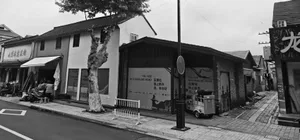 一座寧靜的亞洲住宅建築，外牆為白色，周圍環繞大樹與茂密綠意，展現建築細節與寧和氛圍