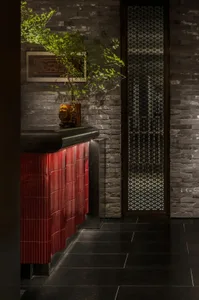 Warm and inviting kitchen with a red countertop, potted plants, and a vase, set against a neutral background