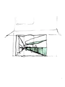 A 2D floor plan of a modern building interior with a white background, showcasing a view through a window into another room, with well-lit spaces and clear details of rooms and connections