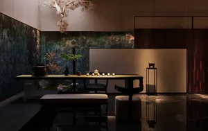 Elegant dining area with two chairs, a dining table, and a smaller table, surrounded by a minimalist space with a large window and natural light