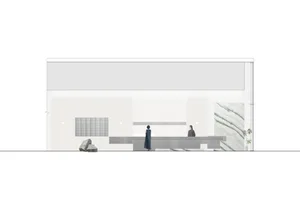 Hotel lobby with a counter, dining table, chairs, and a potted plant, creating a welcoming atmosphere for guests