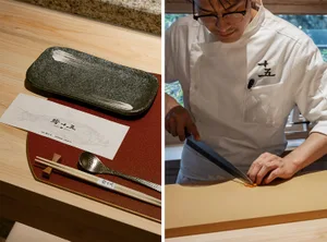A man is shown cutting food on a table and preparing food in a kitchen with bowls and spoons present