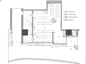2D floor plan of a modern restaurant with multiple tables, chairs, and benches arranged in a dining area, featuring concrete walls and dim lighting