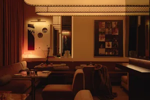 Comfortable living space with two couches, chairs, a dining table, and decorative elements like potted plants, vases, books, and cups, set against a warm brown-colored wall backdrop