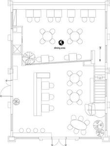 A modern dining space with multiple tables and chairs arranged in a functional layout, creating a comfortable atmosphere
