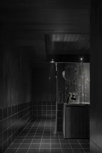 A minimalist bathroom with two sinks, a shower stall, and a mirror above the sink area, set against a neutral background