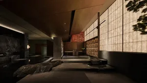 Asian-style bathroom with wooden walls and floors, featuring a large rock in the center and stone steps leading to the entrance, creating a serene and inviting atmosphere