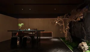 A warm and inviting dining space with a wooden table, chairs, and a potted plant, conveying a cozy atmosphere perfect for socializing and sharing meals