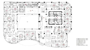 Black and white floor plan of a modern hotel with clean lines, minimal decoration, and well-lit spaces