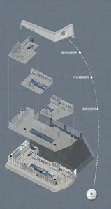 2D floor plan of a modern office building with various rooms and spaces, including a lobby, dining area, and multiple bedrooms, presented in a clean and organized manner with white materials and natural lighting