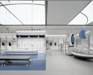 Open living space with natural light, a circular skateboard ramp, and modern furniture and decor