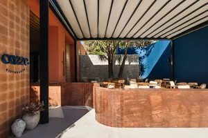 A circular dining table surrounded by chairs in a relaxed outdoor setting with a potted plant and cups on the table