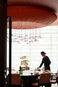 Sophisticated dining space with a large table, multiple chairs, wine glasses, cups, and bowls, set against a modern backdrop with a red ceiling