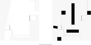 Black and white photo of a building's interior with a volume composition and site study overlay, showing design aspects and dimensions