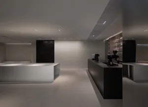 Commercial kitchen with white walls and floors, featuring modern appliances and minimalistic design