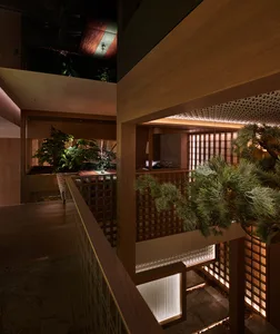 A warm and inviting staircase with wooden stairs and railing, surrounded by two potted plants adding a touch of greenery to the space