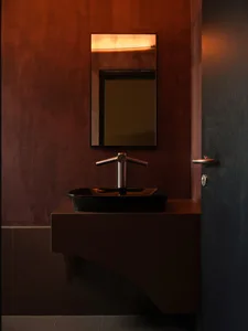 Bathroom with a black sink, brown walls, and dim lighting