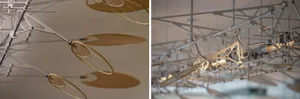 An art installation featuring wooden circles and metal rings suspended from the ceiling, creating a creative and unique atmosphere