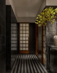 Dimly lit hallway with black tile flooring and walls, featuring two doors and a modern design