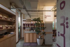 A cozy coffee shop counter with bottles, cups, and a potted plant, inviting patrons to gather and socialize