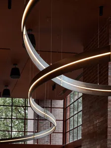 A modern interior space with a curved metal structure, steel walls, multiple windows, and potted plants