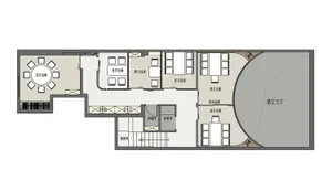 A 2D floor plan of a commercial office space with multiple rooms, including a dining area, kitchen, and offices, featuring white walls and a clean modern design