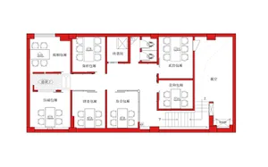 2D floor plan of a modern restaurant with dining areas, kitchens, restrooms, and other functional spaces labeled in English and Chinese, featuring clean lines and minimalistic elements