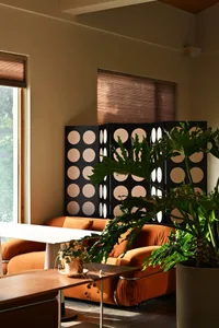 Cozy living area with two couches, a dining table, and potted plants, featuring a warm and inviting atmosphere