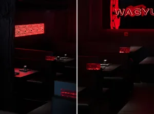 深沉親密的餐廳內部，配有多張餐桌與椅子，營造溫馨氛圍