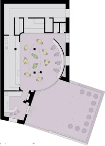 A modern interior space with multiple seating areas, chairs, and a neutral color scheme of white and gray