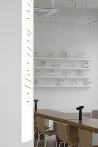 A coffee shop showroom with white walls, multiple tables, chairs, and decorative vases, creating a cozy atmosphere