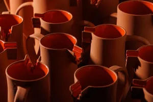 A collection of brown ceramic cups in various sizes and shapes arranged on a table in an interesting display