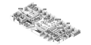 Black and white floor plan of a hotel or office complex with multiple rooms and a well-organized layout
