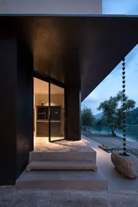 A black interior doorway with a glass panel, surrounded by trees in a residential area