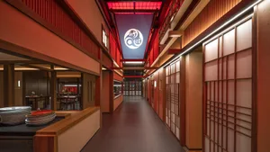 Elegant Asian restaurant with red walls, wooden floors, and a black and white tiled hallway with several doors leading to various rooms