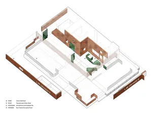 2D floor plan of a mixed-style home with wooden paneling, featuring a dining area, living room, and bedroom