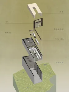 2D floor plan of a modern building with multiple levels, showing various rooms and spaces, including a kitchen and dining area