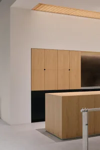 Office space with wooden cabinets and black countertops, featuring a professional and organized atmosphere with a focus on functionality and aesthetics