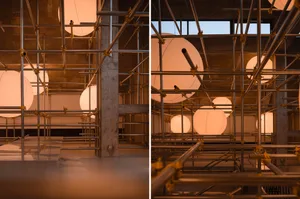 Two views of an under construction building with warm lighting, concrete walls, and industrial appearance