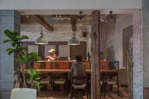 A cozy restaurant dining area with a wooden table, chairs, and a potted plant, featuring a person sitting and another standing nearby