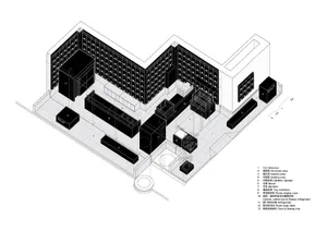 2D floor plan of a modern building with multiple rooms, clean lines, and open spaces, featuring concrete and steel materials