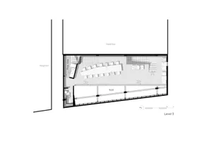 Black and white floor plan of a multi-level building with various rooms, including a kitchen, dining area, living room, and office spaces