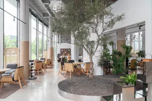 Open modern living area with a circular table, potted plants, white walls, and a mix of wood and metal furniture, with natural light from the windows